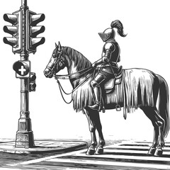 medieval knight on horseback, paused at a modern traffic light, blending historic and contemporary elements sketch engraving generative ai raster illustration. Black and white image.