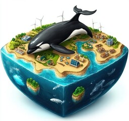 A Vibrant Conceptual Illustration of an Orca Whale on an Eco-Friendly Island Featuring Renewable Energy Solutions and Marine Life in a Stunning Natural Environment