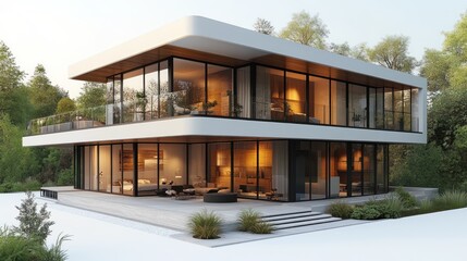 Fototapeta premium A 3D highly detailed modern condominium with sleek balconies, glass walls, and a rooftop terrace, isolated on a white background.
