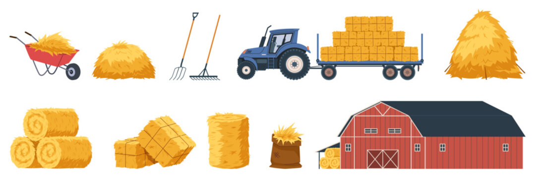 Haystacks and farm tools. Agricultural elements, golden straw heaps, rolls and blocks, barn for storing straw, tractor and barn, nowaday vector cartoon flat style isolated livestock set