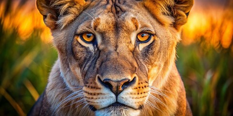 Obraz premium Close-Up Portrait of a Majestic Lioness Capturing Her Intense Gaze and Subtle Emotions Amidst the Natural Wilderness of Africa, Perfect for Wildlife and Nature Photography Enthusiasts