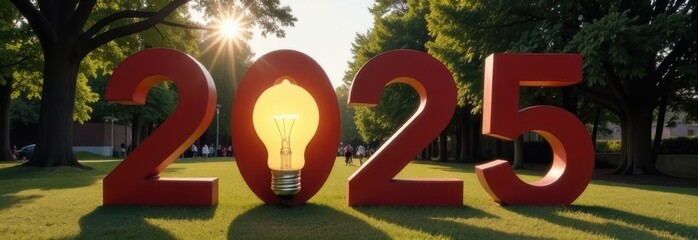 Giant red numbers 2025 stand in park with glowing light bulb sym