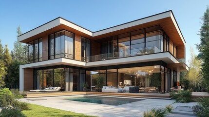 A 3D highly detailed multi-story contemporary house with clean lines, modern finishes, and detailed architectural features.