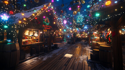 A traditional Christmas market at night, with colorful lights adorning wooden stalls and festive...