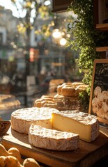 Fototapeta premium Whole Cheese on the Counter at a Market, Close-Up of French Camembert Cut into Pieces