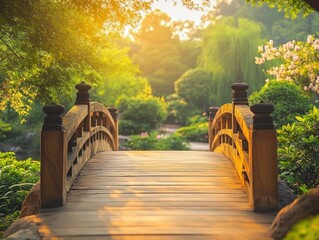 Obraz premium A Serene Bridge Leading to Tranquility Discover Inner Peace on this Peaceful Journey Across a Wooden Bridge in a Lush Garden Paradise Find Serenity and Calm amidst Nature's Embrace Escape the