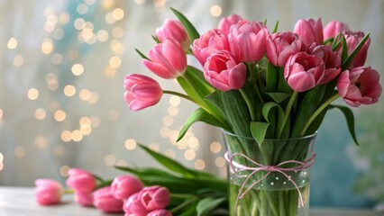 Obraz premium Beautiful Spring Tulip Bouquet in Glass Vase with Bokeh Effect - Fresh Flowers, Nature's Beauty, Floral Arrangement, Pink Tulips, Easter Decor, Blossoms, and Green Leaves
