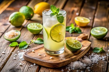 Fototapeta premium Closeup of Refreshing Ice Homemade Lemonade with Lime and Salt on a Rustic Wooden Cutting Board, Perfect for Summer Refreshment and Chill Drinks