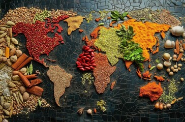 Colorful World Map Created with Spices, Seeds, and Herbs to Represent Global Culinary Diversity and the Richness of Natural Ingredients in Cooking