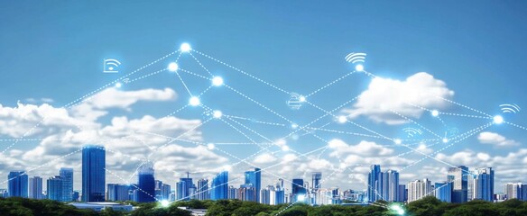 Urban skyline with digital connection network and wireless signals, showcasing a modern city landscape, technology integration, and vibrant blue sky with clouds