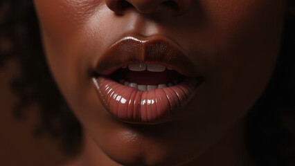 Naklejka premium A close-up shot of a woman's full, glossy lips slightly parted, showcasing rich, dark brown skin. Concept of beauty, sensuality, and natural beauty