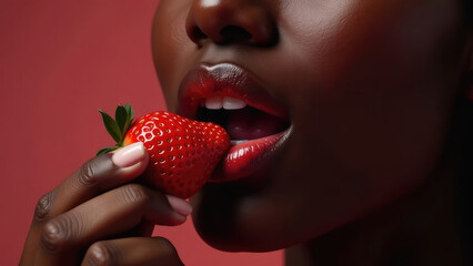 Close-up of a Black woman's sensual lips with glossy red lipstick about to take a bite of a fresh, ripe strawberry. Concept of beauty, sensuality, and indulgence.
