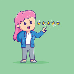 Cute business Woman Perfect Rating Cartoon Vector Icon Illustration. Graphic Resources Business Icon Concept Isolated Premium Vector. Flat Cartoon Style
