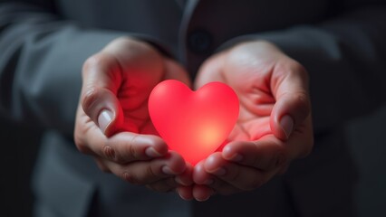 Two hands gently cradle a glowing red heart, conveying a feeling of care, compassion, or love. Concept of care, compassion, and love.
