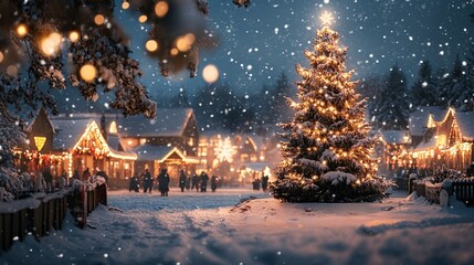 Fototapeta premium A snowy village scene at night, featuring a beautifully lit Christmas tree and festive decorations, creating a warm, magical holiday atmosphere.