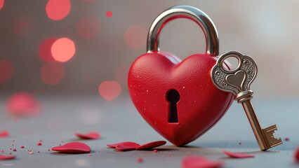 A red heart-shaped padlock and its ornate key rest on a surface scattered with red petals against a bokeh background of hearts, creating a romantic and symbolic image. Concept of finding love and unlo