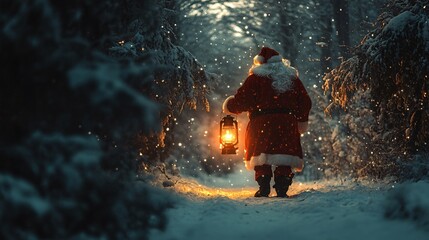 Fototapeta premium A snowy forest scene with Santa Claus holding a lantern, creating a magical and festive atmosphere.