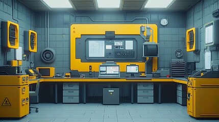 Futuristic Control Room A Modern, Minimalist Workstation Design. This digitally rendered image showcases a sleek and stylish control center, perfect for technological or sci-fi themed projects.