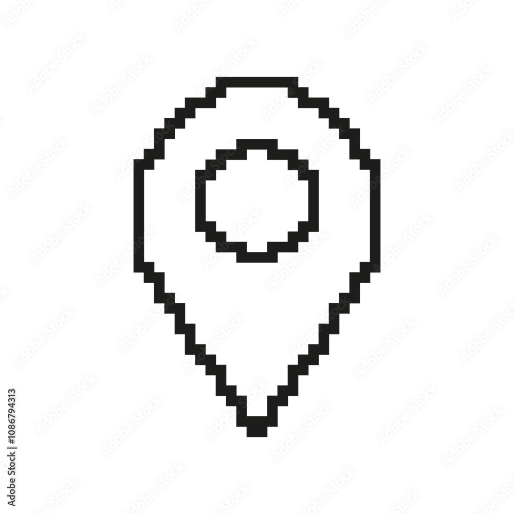 Poster pixelated location pin icon. map marker symbol in retro pixel art style. place and navigation sign. 