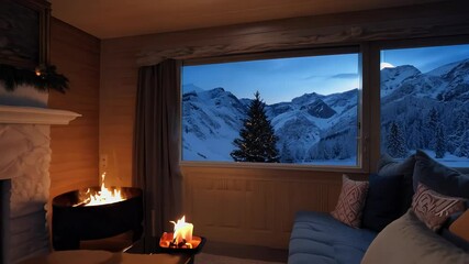 Set backdrop snowy winter mountains 4K footage conveys comfort relaxation restful vibes cosy full moonlight indoor classical meditation luxury mountain hall flames fire heat warm window warmth