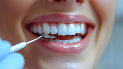 Fototapeta premium a close-up of a dentist examining a smiling woman’s teeth. the clean dental clinic background emphasizes professionalism and hygiene. dental health