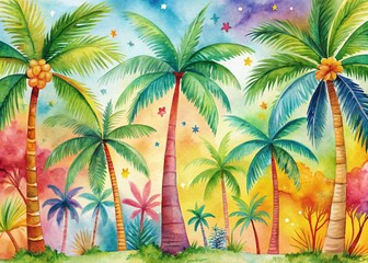 Obraz premium Colorful Watercolor Palm and Tree Illustration for Kids, Perfect for Educational Materials and Children's Decor, Showcasing Vibrant Tropical Elements in a Fun Style