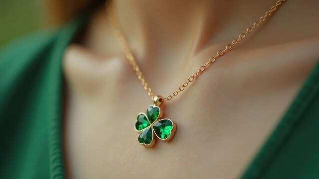 Close-up of a gold necklace with a green shamrock pendant on a person's neck. Concept of St. Patrick's Day jewelry.