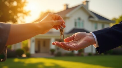 One hand gives house keys to another hand with a house in the blurry background. Concept of buying, selling, or renting a home.