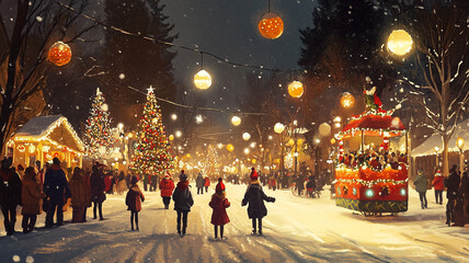 Obraz premium Festive Christmas Market with Lights and Snow