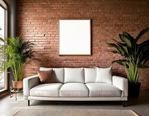 poster art mock up empty frame in stylish loft apartment living room with sofa and brick wall 