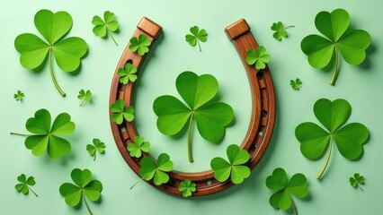 A wooden horseshoe surrounded by vibrant green shamrocks on a pale green background creates a lucky St. Patrick's Day image. Concept of St. Patrick's Day luck and good fortune.