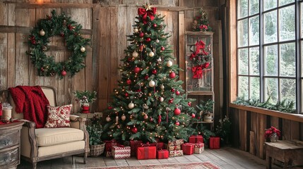 A cozy, festive room featuring a beautifully decorated Christmas tree, red accents, wrapped gifts, and rustic wooden decor.