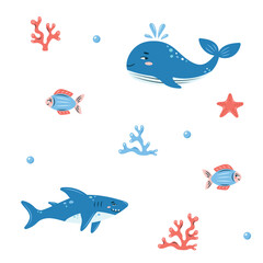 Seamless pattern sea life. Marine animals whale, fish and shark on white background. Vector illustration.