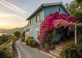 Obraz premium Charming Blue House Surrounded by Pink Flowers in a Tranquil Landscape - Perfect for Home Decor and Garden Inspiration