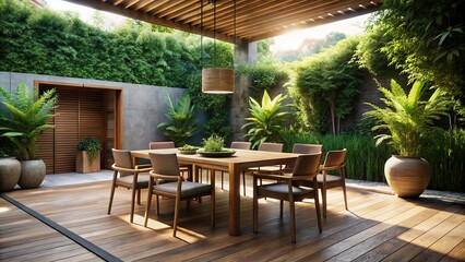Fototapeta premium Contemporary Outdoor Dining Area with Wooden Patio and Minimalist Table, Surrounded by Lush Foliage and Natural Textures for Elegant Dining Experience