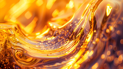 A gold colored liquid with bubbles floating on top
