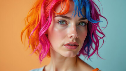Fototapeta premium Close-up portrait of a young woman with vibrant, half-orange, half-blue hair. Concept of a colorful hairstyle. 