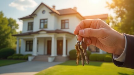 A hand holds a set of house keys with a large house in the soft focus background. Concept of home ownership and real estate.