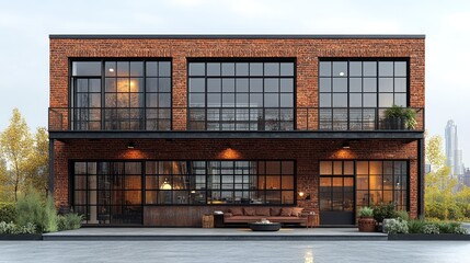 A 3D highly detailed urban loft with exposed brick walls, modern finishes, and expansive windows, isolated on a white backdrop.