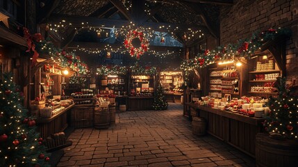 Fototapeta premium A cozy, festive market adorned with Christmas lights and decorations, showcasing a warm holiday atmosphere filled with joy and seasonal charm.