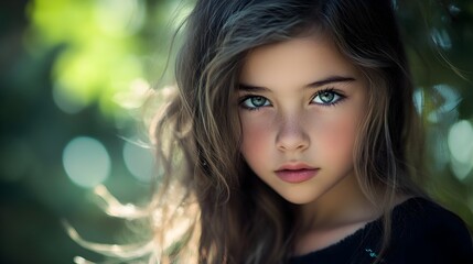 Fototapeta premium Pensive young girl s beautiful portrait in natural outdoor setting with soft lighting