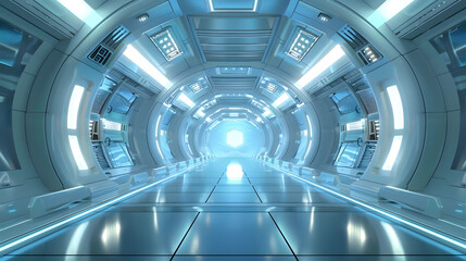 Three dimensional render of futuristic corridor inside spaceship or space station