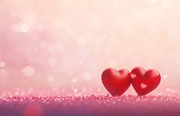 Valentine's Day background with copy space, two red hearts on a pink glitter bokeh, in pastel colors.
