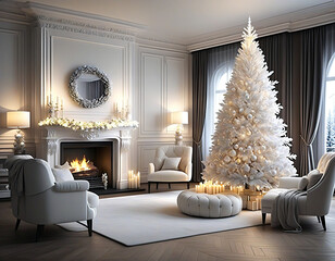 Living room decorated for Christmas with white theme Christmas tree, fireplace and sofa. Christmas image. Card design. 白色のテーマのクリスマスツリーと暖炉とソファーのあるクリスマスの飾りをしたリビングルーム。クリスマスのイメージ。カードデザイン。