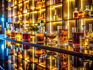 Cozy Hotel Mini Bar Setup in Low Light, Featuring Premium Drinks, Elegant Glassware, and Ambient Lighting for a Relaxing Evening Experience