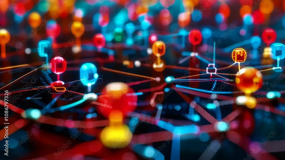 Poster vibrant social network concept visualization with colorful pins on circuit board representing connec