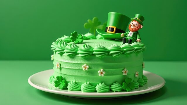 A delicious green St. Patrick's Day cake decorated with leprechauns and shamrocks sits on a white plate. Concept of a festive St. Patrick's Day treat.
