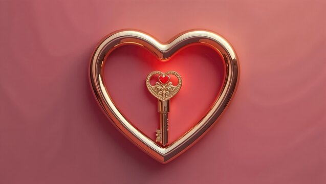 A golden key with a heart-shaped head rests inside a rose gold heart frame on a pink background. Concept of finding love and unlocking your heart.