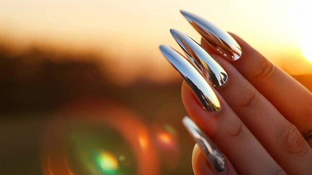Gentle zoom video of a metallic silver manicure at sunset, shimmering with every angle