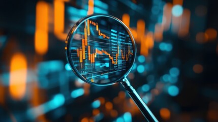 Magnifying Glass Focuses on Digital Financial Graphs and Charts Representing Data Trends and Market Analysis in a High-Tech Environment